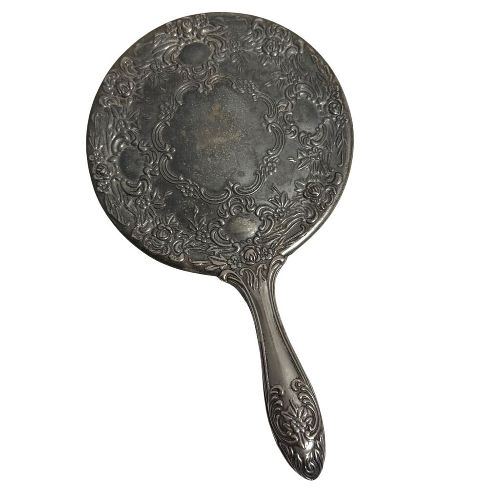 Vintage Silver Plated Floral Repousse Vanity Hand Mirror Art Nouveau Style